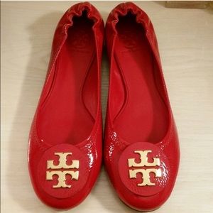 🍎RARE🍎Tory Burch Red Leather Flats - Gold Emblem